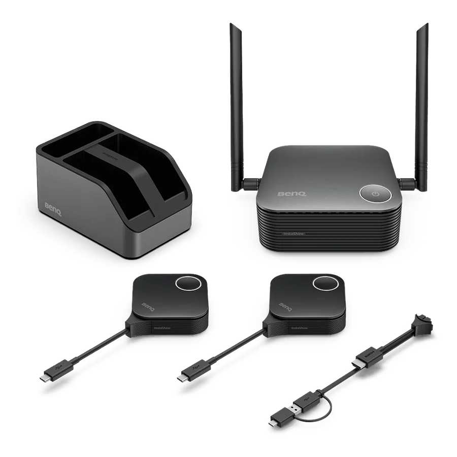 BenQ InstaShow WDC25 wireless presentation system with receiver, two buttons and charging cradle